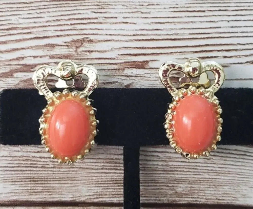 Vintage Clip On Earrings - Orange with Gold Tone Crown Halo